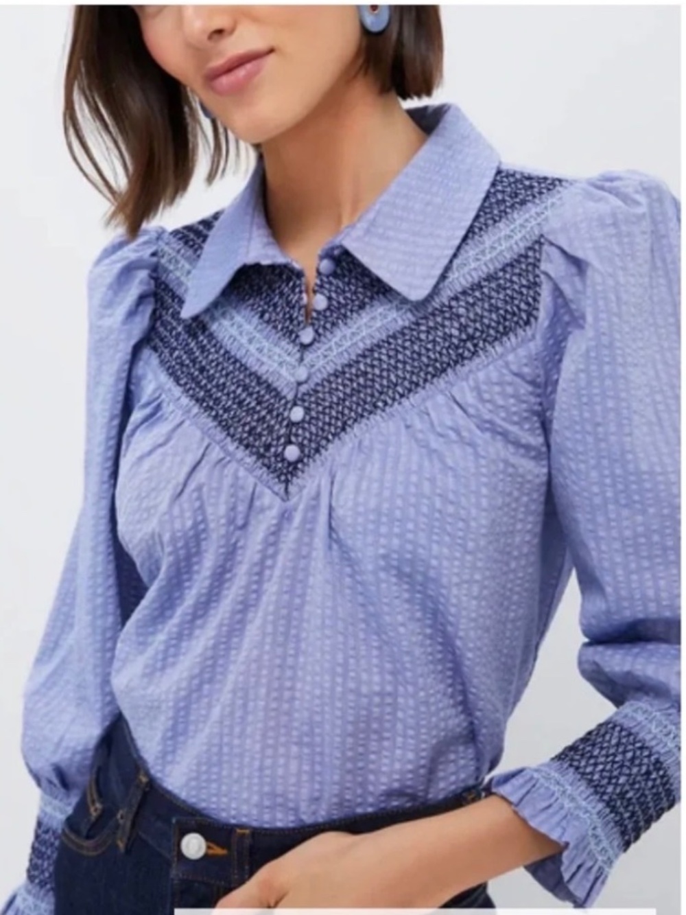 TUCKERNUCK x POMANDER PLACE | Blue Seersucker Smocked Vail Blouse
